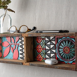 Shelf with Ceramic and Mosaic Art Framed in Vintage Indian Brick Mold - MADE TO ORDER by Romy and Clare