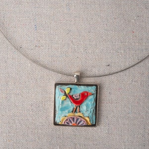 Pendant Necklace with Red Bird, Ceramic Pendant Necklace for Women, MADE to ORDER image 1