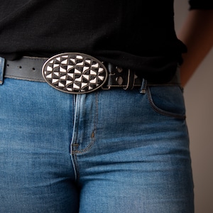 Crazy Quilt Belt Buckle, Black and White Oval Ceramic Belt Buckle with Optional Leather Belt, MADE to ORDER