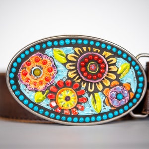 Flower Belt Buckle MADE to ORDER Large Ceramic and Mosaic Belt Buckle, Women's Buckle with Optional Leather Belt