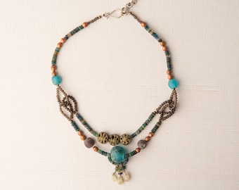 Necklace, Turquoise Blue Ashanti Bead and Smoky Quartz - READY to SHIP - Handmade Indie Jewelry by Romy and Clare