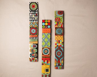 Ceramic and Mosaic Stick (one - choose from 3 patterns) Handmade Tile Wall Art, Vertical or Horizontal Art - READY to SHIP