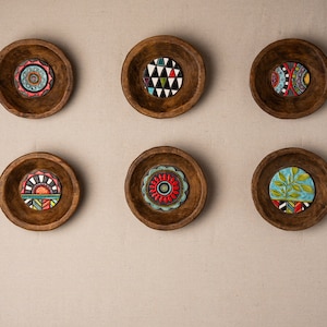 Ceramic Wall Sculpture (choose from 6) Hand Carved Wood Dough Bowl with Handmade Ceramic and Mosaic Tile, MADE to ORDER, Deep Framed Mosaic