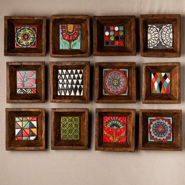 Handmade Tile Framed (one - choose from 12 patterns) Ceramic Wall Sculpture, 8 inch, MADE to ORDER - Farmhouse