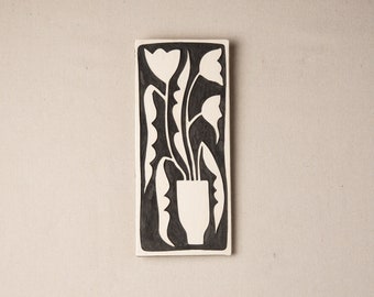 Still Life Silhouette - Vertical Wall Art, Black and White, Handmade Ceramic Tile Mounted Wall Art - Stick - READY to SHIP