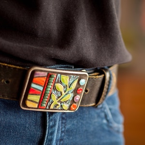Women&#39;s Belt Buckle MADE to ORDER, Turquoise & Handmade Ceramic Tile Buckle - Sprout Patchwork