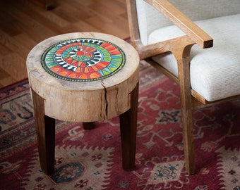 Side Table, Ceramic and Mosaic Table Top with Butcher Block Wood Base - READY to SHIP by Romy and Clare - Mod