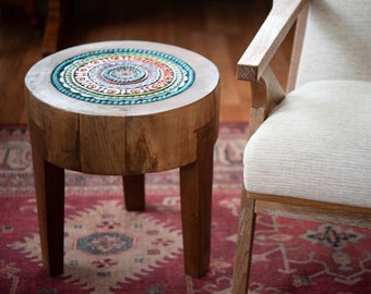 Side Table, Ceramic and Mosaic Table Top with Butcher Block Wood Base - READY to SHIP by Romy and Clare
