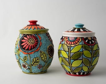 Kitchen Canister (one - choose from two) - Stoneware Ceramic and Mosaic Jar - MADE to ORDER by Romy and Clare