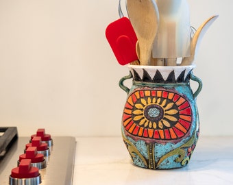 Utensil Holder - Handcarved Stoneware Ceramic and Mosaic Vase - Bold Blossom MADE to ORDER