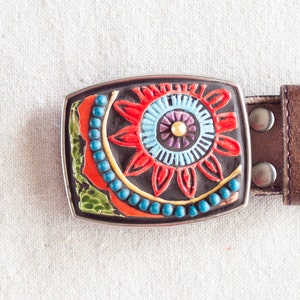 Boho Style Belt Buckle, Ceramic, Turquoise, and Pearl, Optional Leather Belt MADE to ORDER