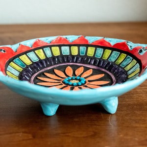 Small Footed Trinket Dish with Handles, Hand-built and Hand-carved Ceramic and Mosaic Art Bowl Suzani Flower MADE to ORDER image 5