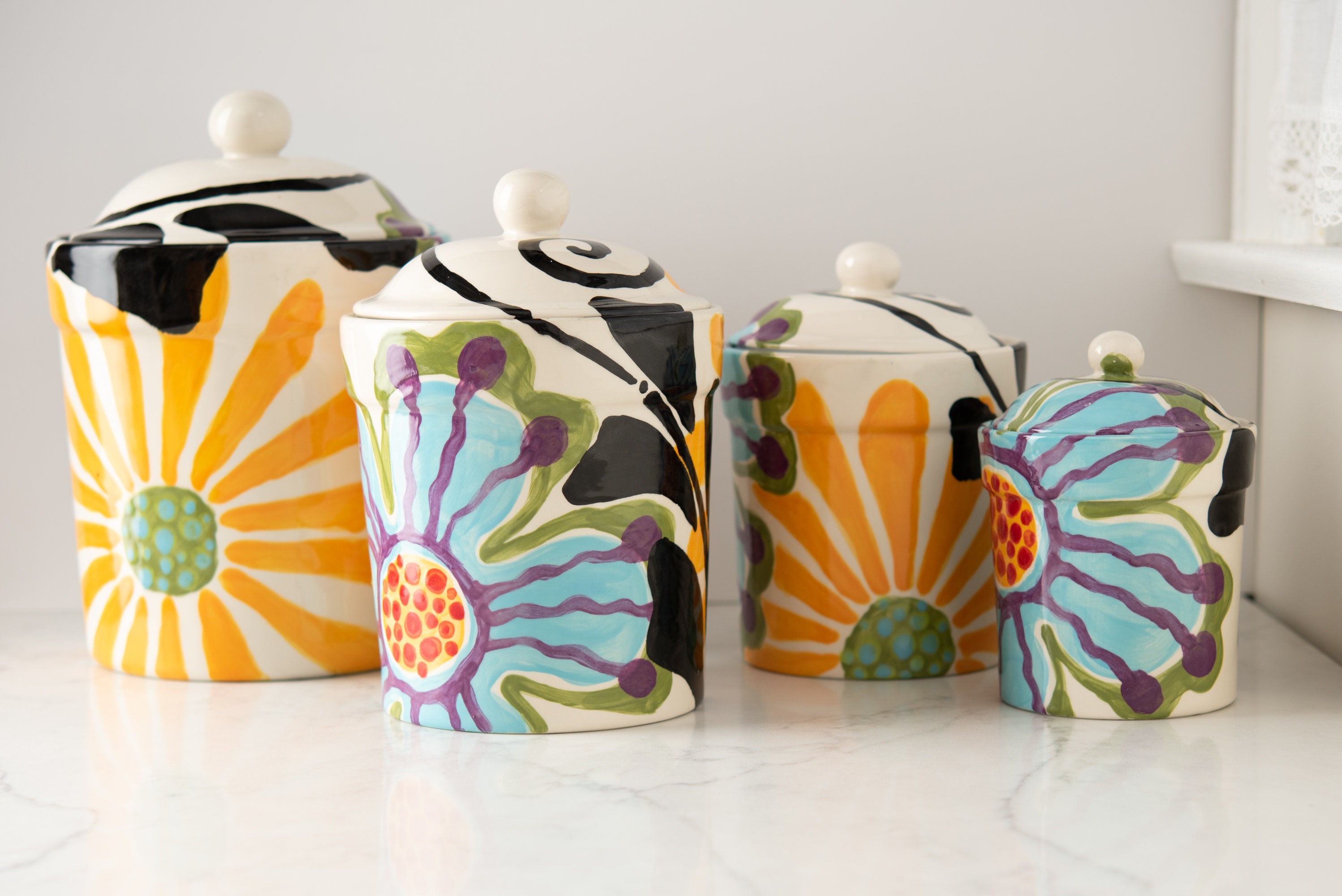 Ceramic Kitchen Canister Set of 4 in Boho Blossoms Pattern | Etsy