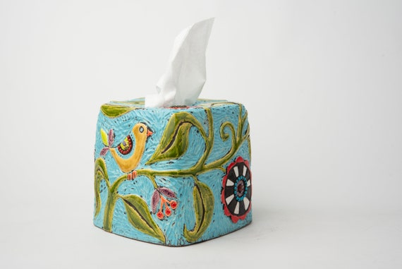 Tissue Box Cover, Hand Carved Ceramic Birds and Blossoms Square Tissue Box  Holder MADE to ORDER 