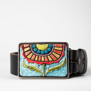 Handmade Ceramic Flower Belt Buckle, Turquoise Accent, Leather Belt (MADE to ORDER)