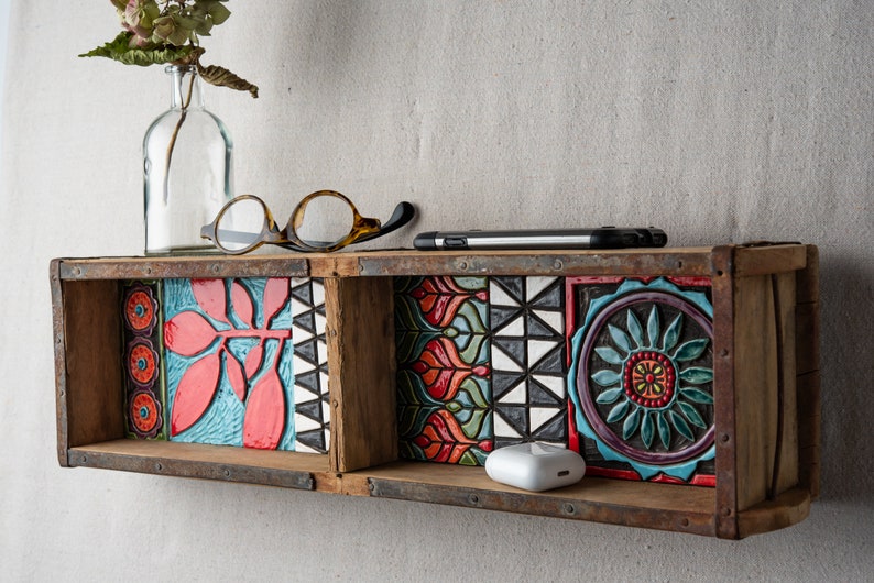 Shelf with Ceramic and Mosaic Art Framed in Vintage Indian Brick Mold MADE TO ORDER by Romy and Clare image 8