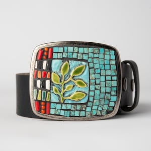 Turquoise Belt Buckle for Women, MADE to ORDER with Optional Leather Belt - Turquoise with Off Center Tile - Green Vine Geo