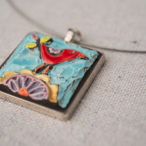 Pendant Necklace with Red Bird, Ceramic Pendant Necklace for Women, MADE to ORDER image 4