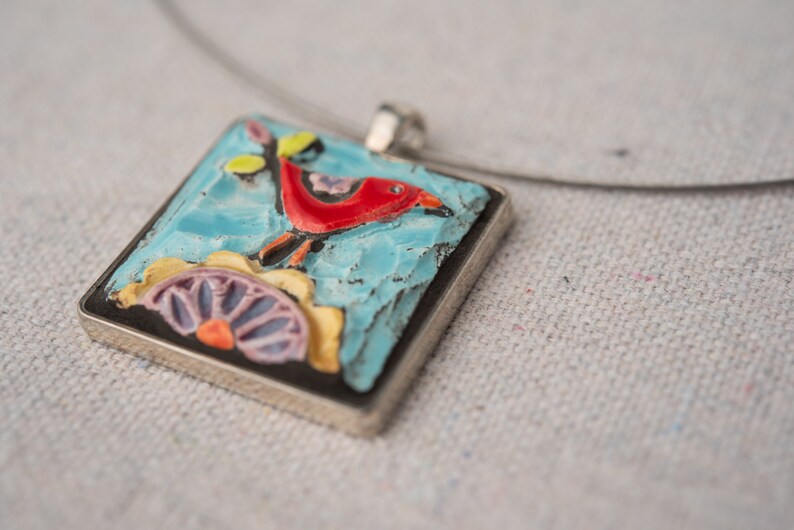 Pendant Necklace with Red Bird, Ceramic Pendant Necklace for Women, MADE to ORDER image 4