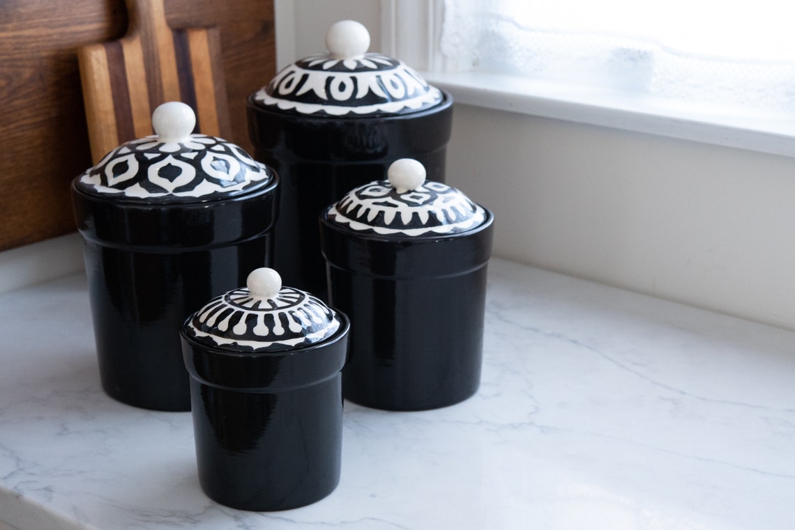 Black and White Ceramic Kitchen Canister Set and Utensil Etsy