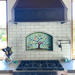 Stove Backsplash, Unmounted Stoneware Ceramic Tiles for Arched Niche Behind Cooktop - Song Birds in Tree in 3 pieces