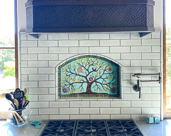 Stove Backsplash, Unmounted Stoneware Ceramic Tiles for Arched Niche Behind Cooktop - Birds in Tree in 3 pieces