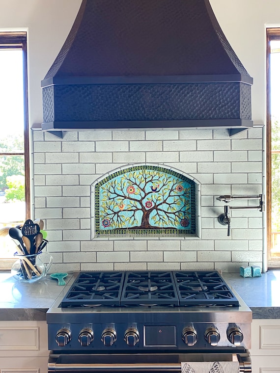 Stove Backsplash, Unmounted Stoneware Ceramic Tiles for Arched Niche Behind  Cooktop Birds in Tree in 3 Pieces 