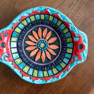 Small Footed Trinket Dish with Handles, Hand-built and Hand-carved Ceramic and Mosaic Art Bowl Suzani Flower MADE to ORDER image 3