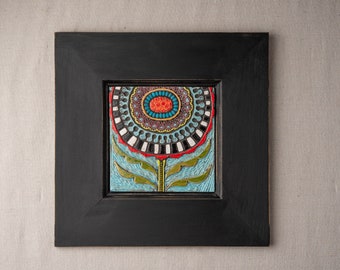 Joyful Blossom Ceramic Tile and Mosaic Wall Art in Wood Frame  - READY to SHIP Original Art by Romy and Clare