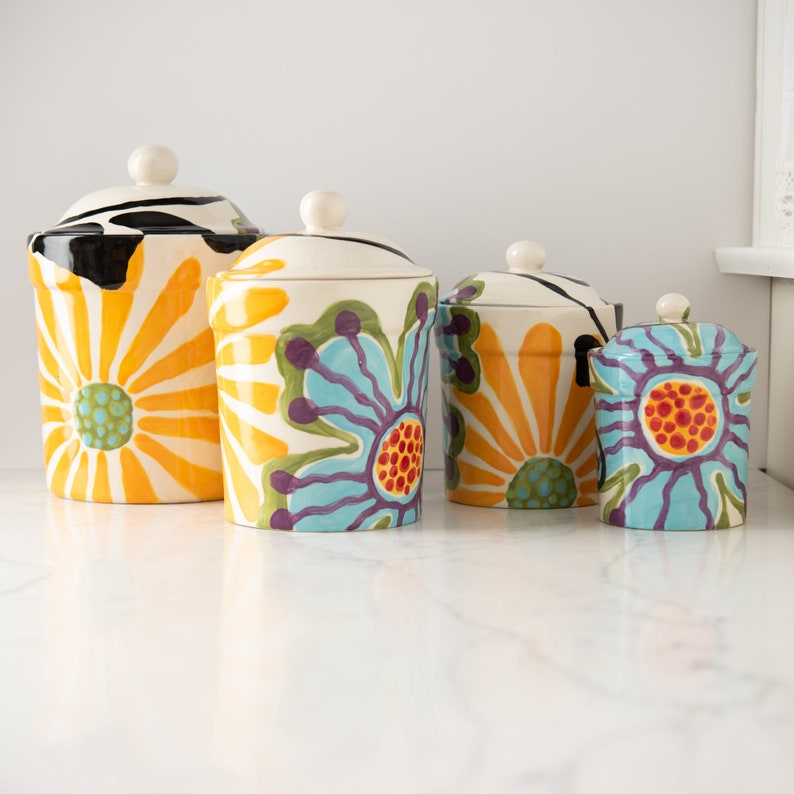 Ceramic Kitchen Canister Set of 4 in Boho Blossoms Pattern Etsy