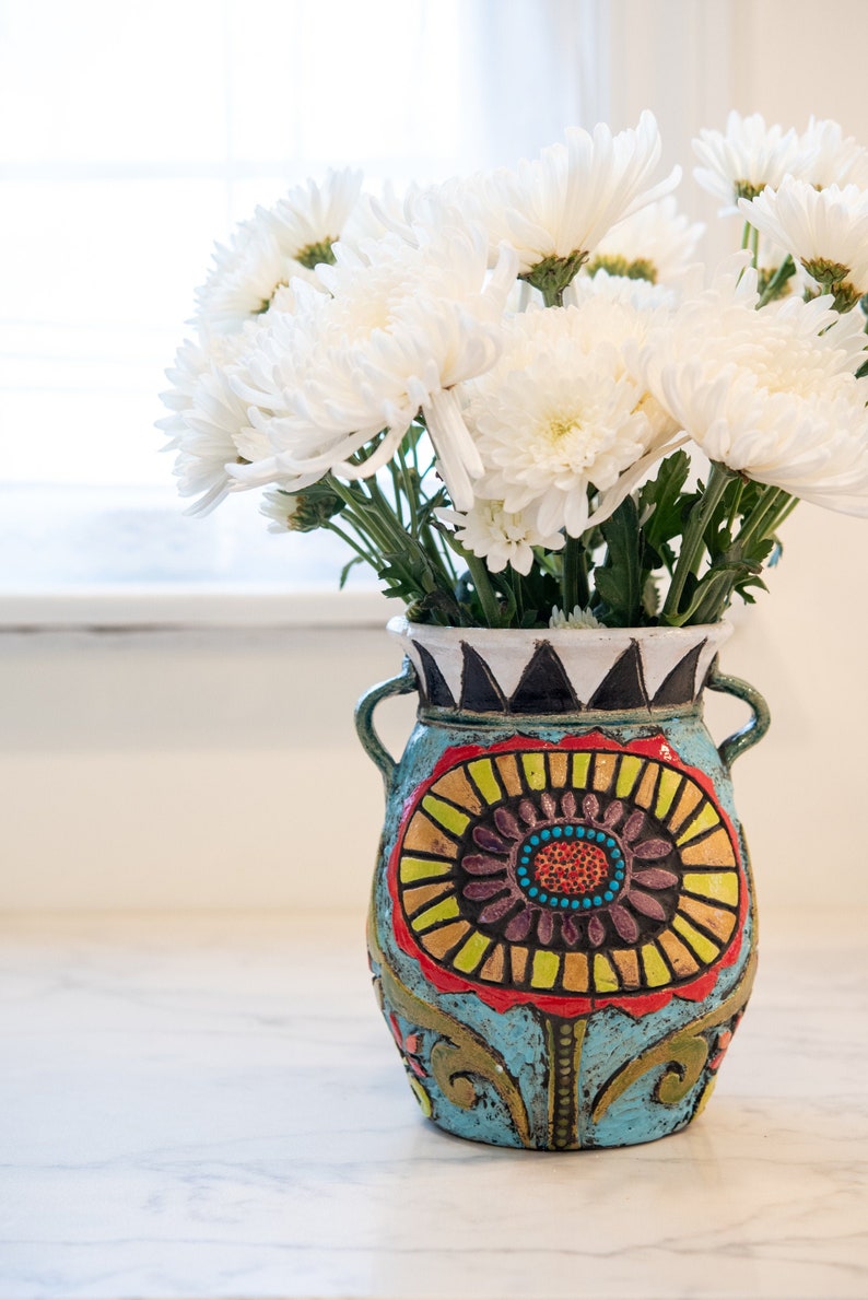 Vase for Flowers, Hand Thrown and Hand Carved Ceramic and Mosaic Vase MADE to ORDER Bold Blossom image 1