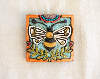 Queen Bee Handmade Ceramic and Mosaic Tile Mounted Square Wall Art MADE to ORDER by Romy and Clare