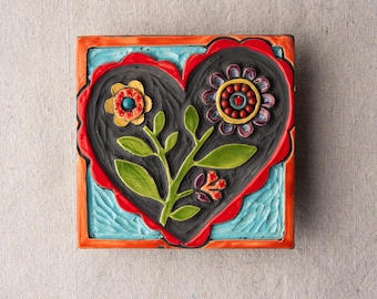 Happy Heart Ceramic Tile Wall Art, Turquoise Coral Mosaic (MADE to ORDER)