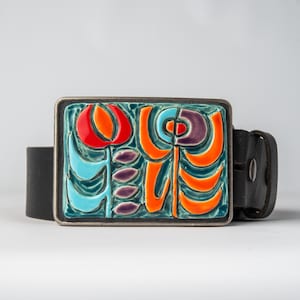 Flower Belt Buckle: Handmade Ceramic Tile - Happy Blossoms