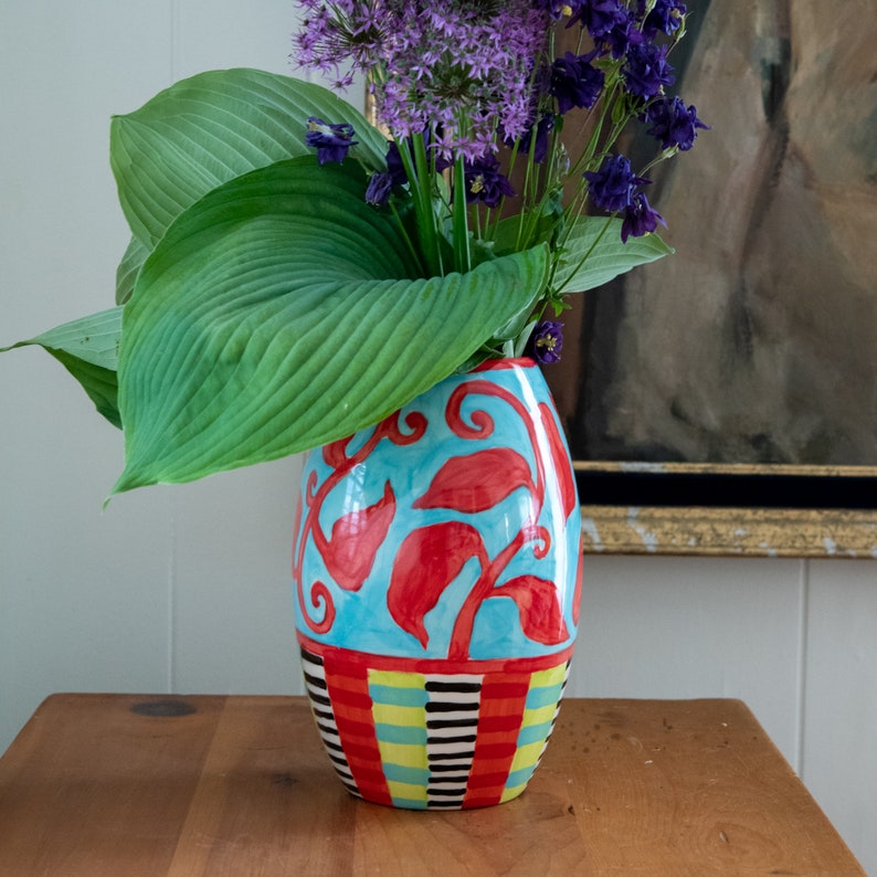 Ceramic Flower Vase Colorful Tall Oval Red Vine Multi MADE Etsy