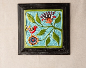 Still Life with Red Bird in Blue Sky - Ceramic and Mosaic Wall Art  - READY to SHIP Original Art by Romy and Clare