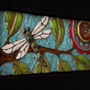 Tile Wall Art, Mosaic Art in Wood Frame Dragonfly Colorful Flowers and Semiprecious Stones, Vertical or Horizontal, MADE to ORDER image 9