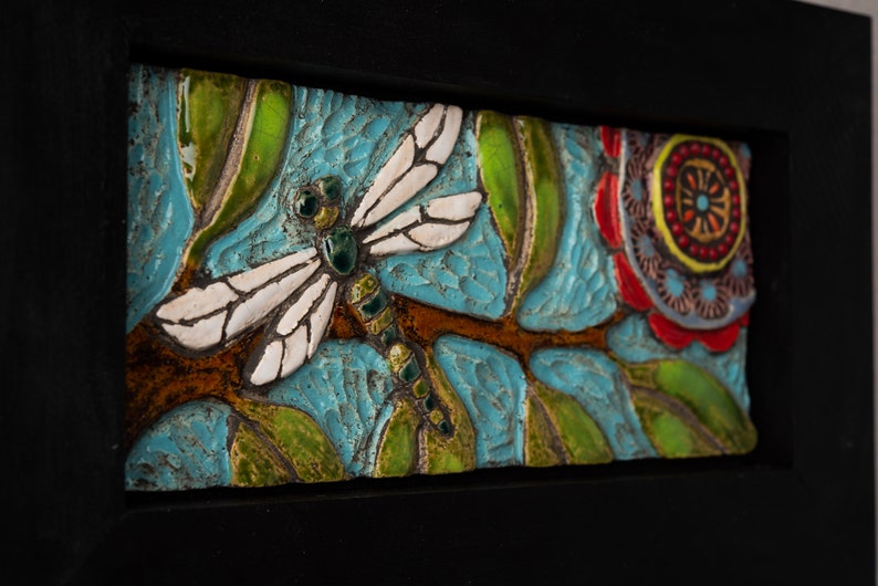Tile Wall Art, Mosaic Art in Wood Frame Dragonfly Colorful Flowers and Semiprecious Stones, Vertical or Horizontal, MADE to ORDER image 9