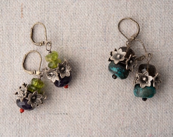 Romantic Flower Rondelle Earrings with Semiprecious Stones - Boho Chic - READY to SHIP by Romy and Clare