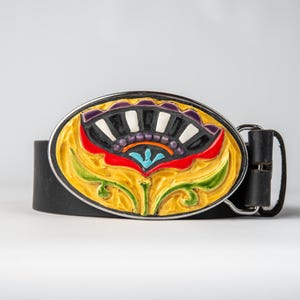 Ceramic Belt Buckle with Amethyst: Oval Stoneware Tile - Blossom Queen on Yellow