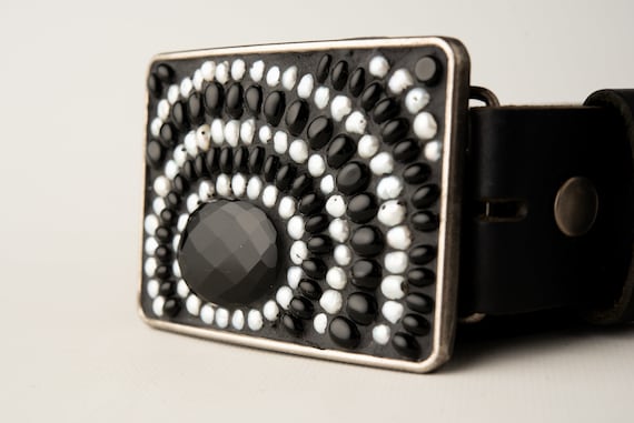 Mosaic Belt Buckle, Onyx, Cultured Pearl, Optional Leather  display picture 3