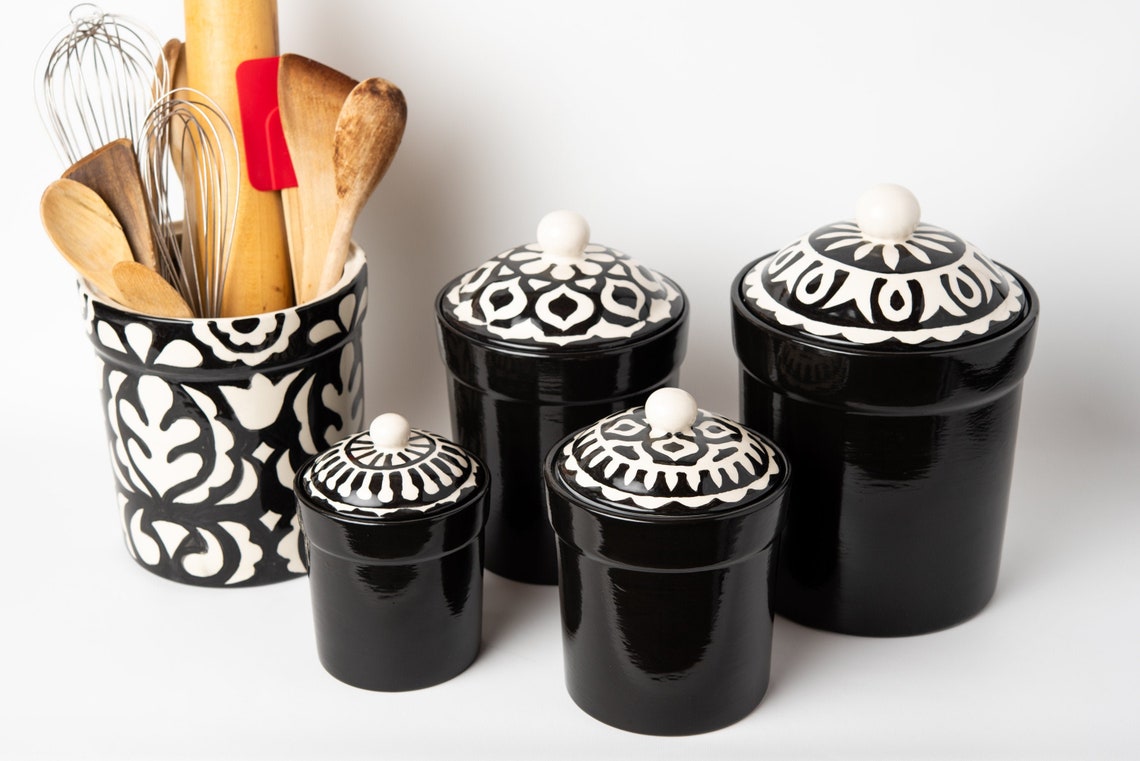 Black and White Ceramic Kitchen Canister Set and Utensil Etsy