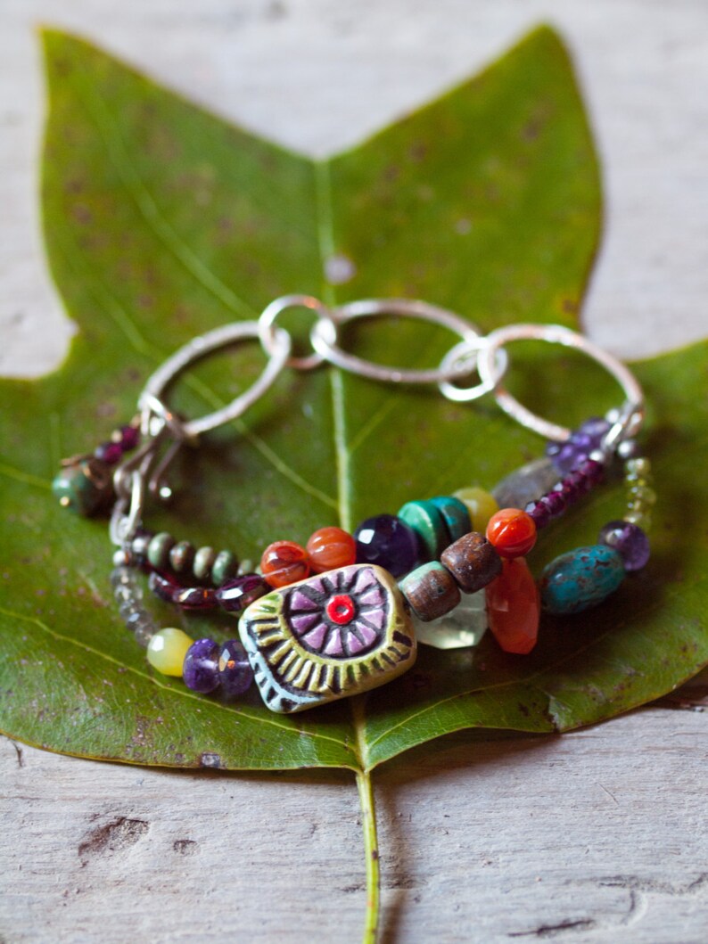 Chunky Bracelet with Handmade Tile and Semiprecious Stones Boho Bracelet READY to SHIP