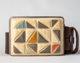 Ceramic Belt Buckle Unisex, Optional Leather Belt - Muted Mod Triangles