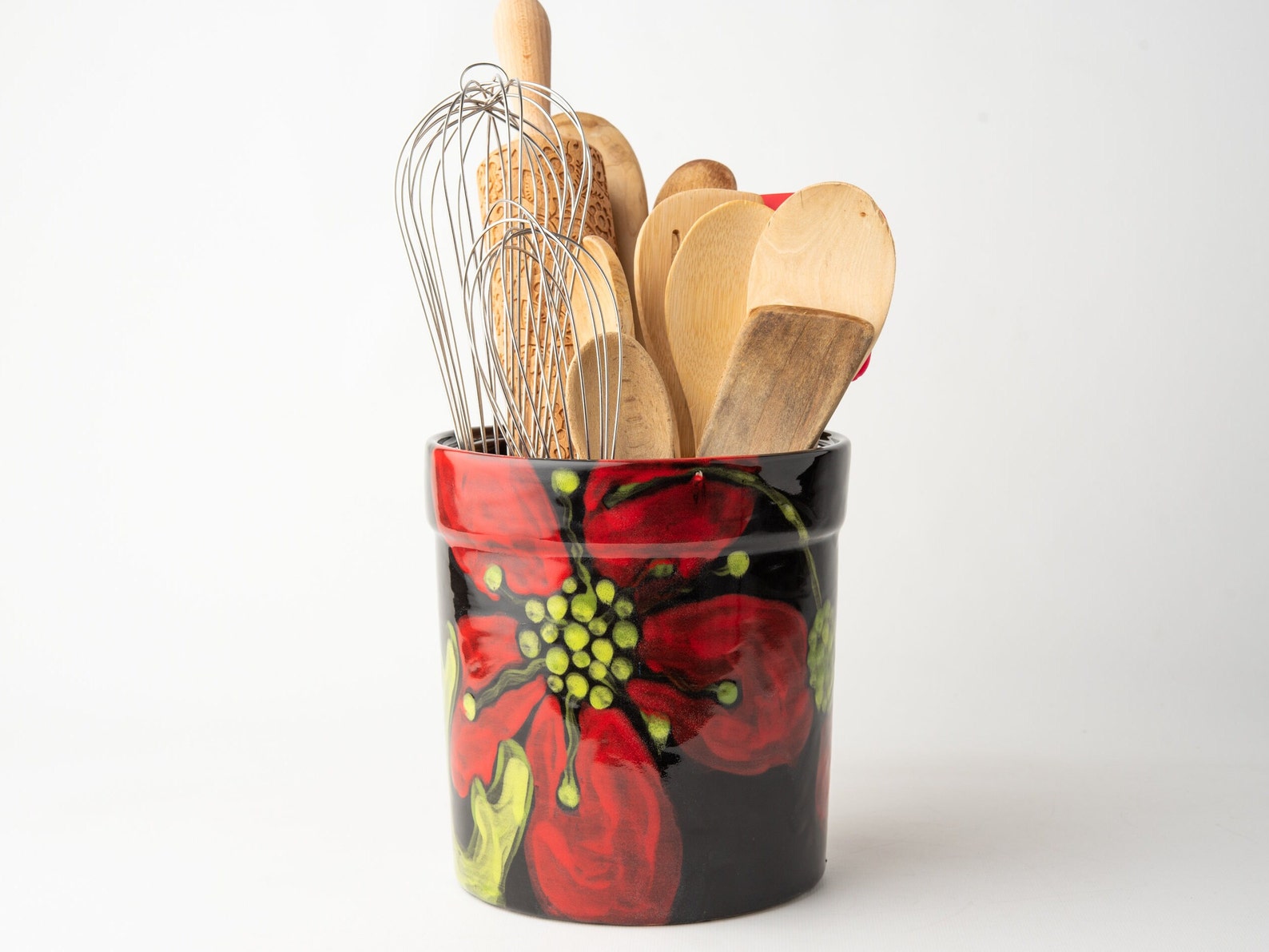 Utensil Crock Red Poppy Ceramic Utensil Holder XL Kitchen Etsy