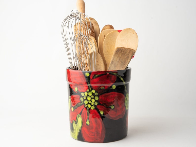 Utensil Crock Red Poppy Ceramic Utensil Holder XL Kitchen Etsy