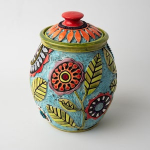 Kitchen Canister one choose from two Stoneware Ceramic and Mosaic Jar MADE to ORDER by Romy and Clare Summer Garden - left