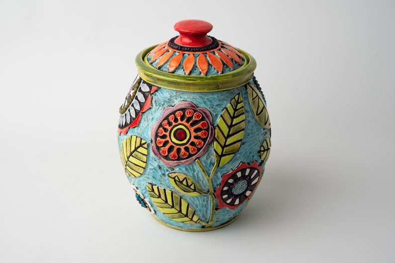 Kitchen Canister one choose from two Stoneware Ceramic and Mosaic Jar MADE to ORDER by Romy and Clare Summer Garden - left