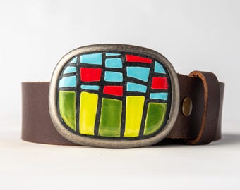 Handmade Ceramic Tile Belt Buckle: Modern Floral