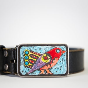 Pretty Bird Belt Buckle, MADE to ORDER, Handmade Tile Belt Buckle, Optional Leather Belt
